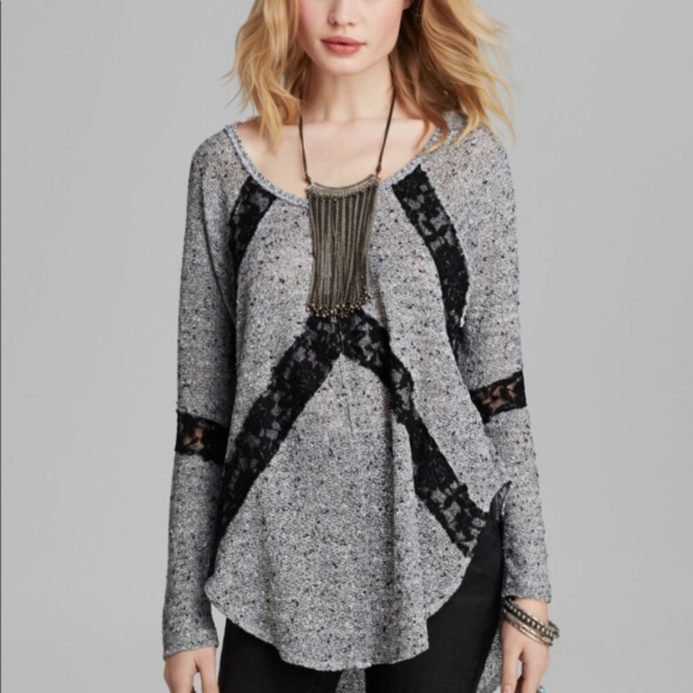 Free People Heathered Grey Flying V Hacci Lace Contrast High Low Sweater S
